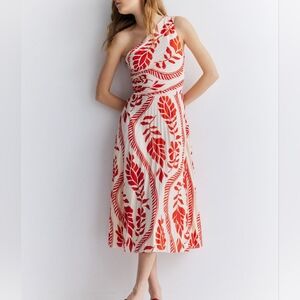 H&M pleated one shoulder midi dress floral print red/ecru sz M,L,XL,XXL BNWT